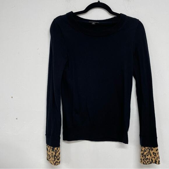 J Crew Black Merino Wool Pullover Sweater Animal Print Cuffs Womens S Fall - Picture 1 of 10